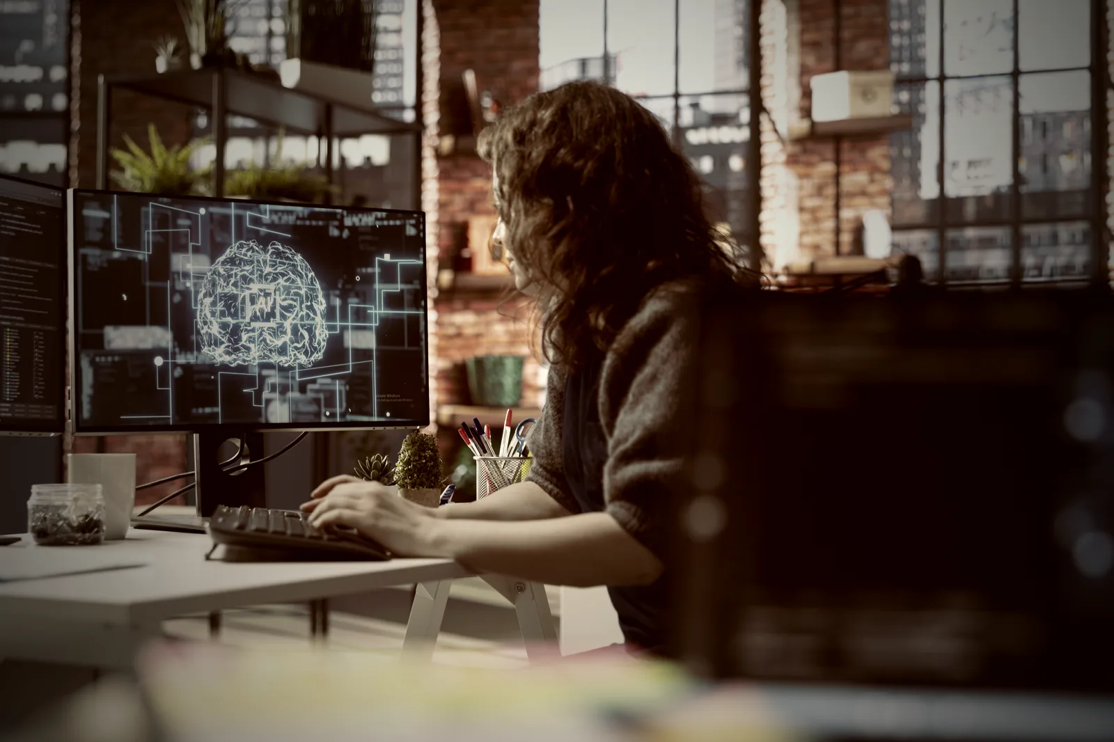 A developer workstation at night, the surface where generated content becomes rendered output.