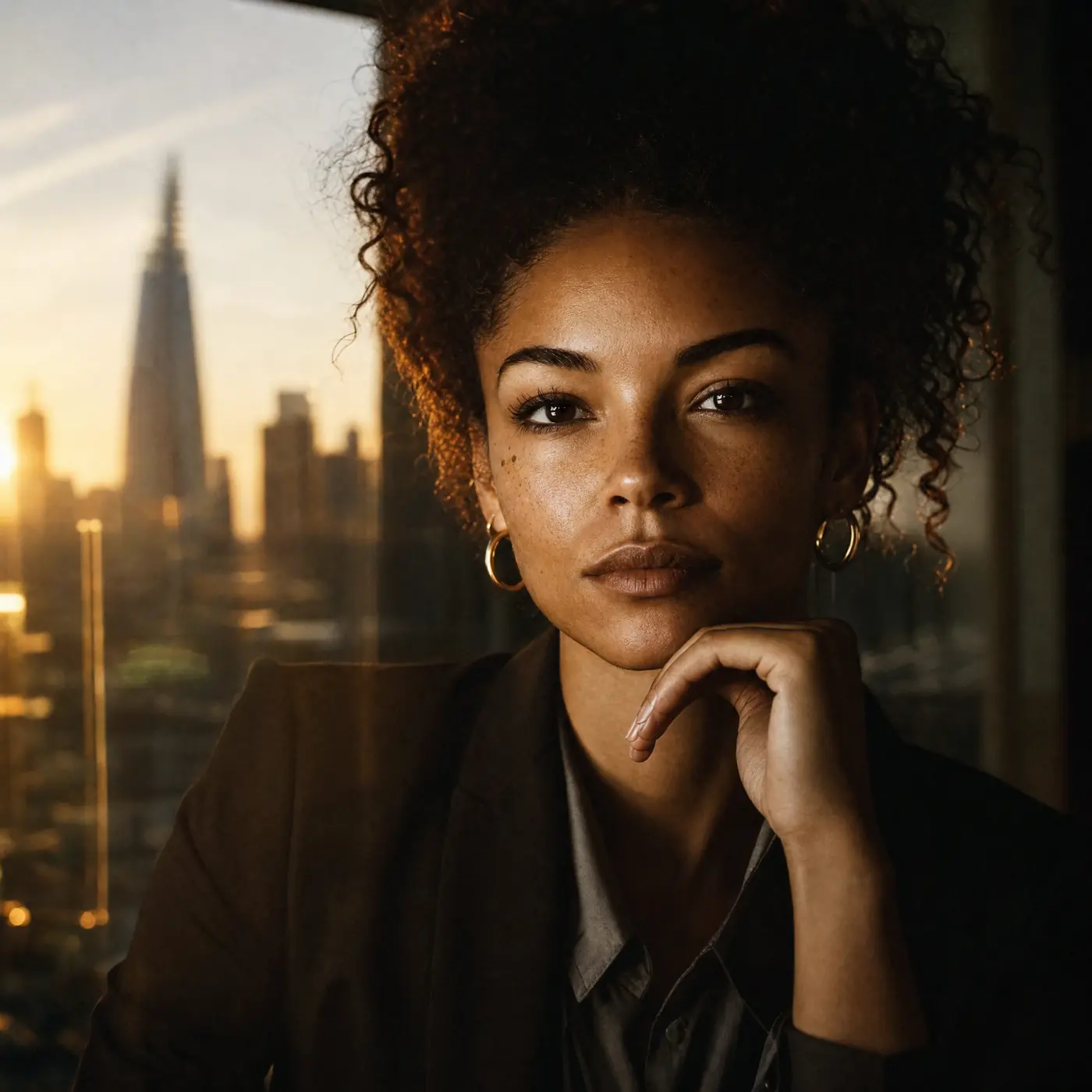 A security lead in a London office at dusk, the City skyline behind her.