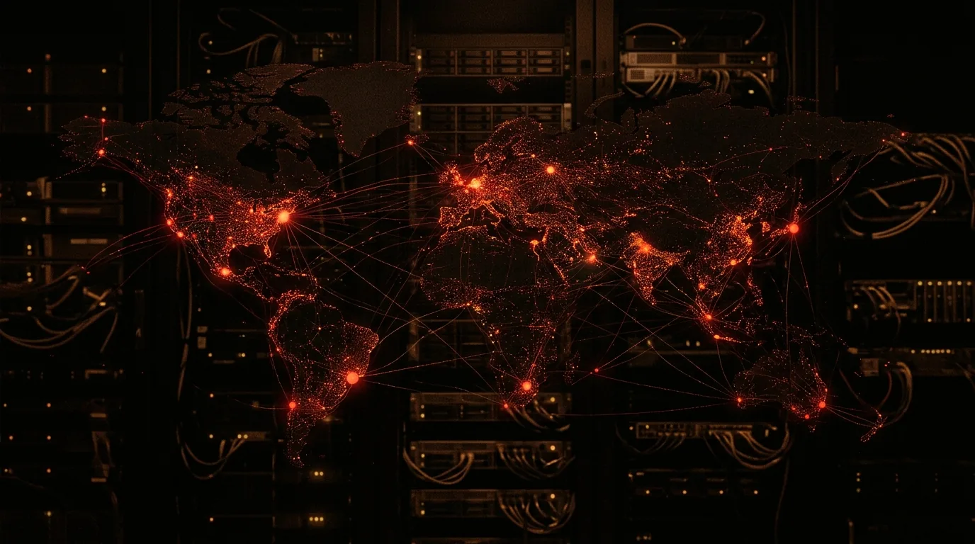 An abstract visualisation of autonomous agents coordinating across a package server, a hidden mesh of red signal lines linking nodes over a wall of server racks.