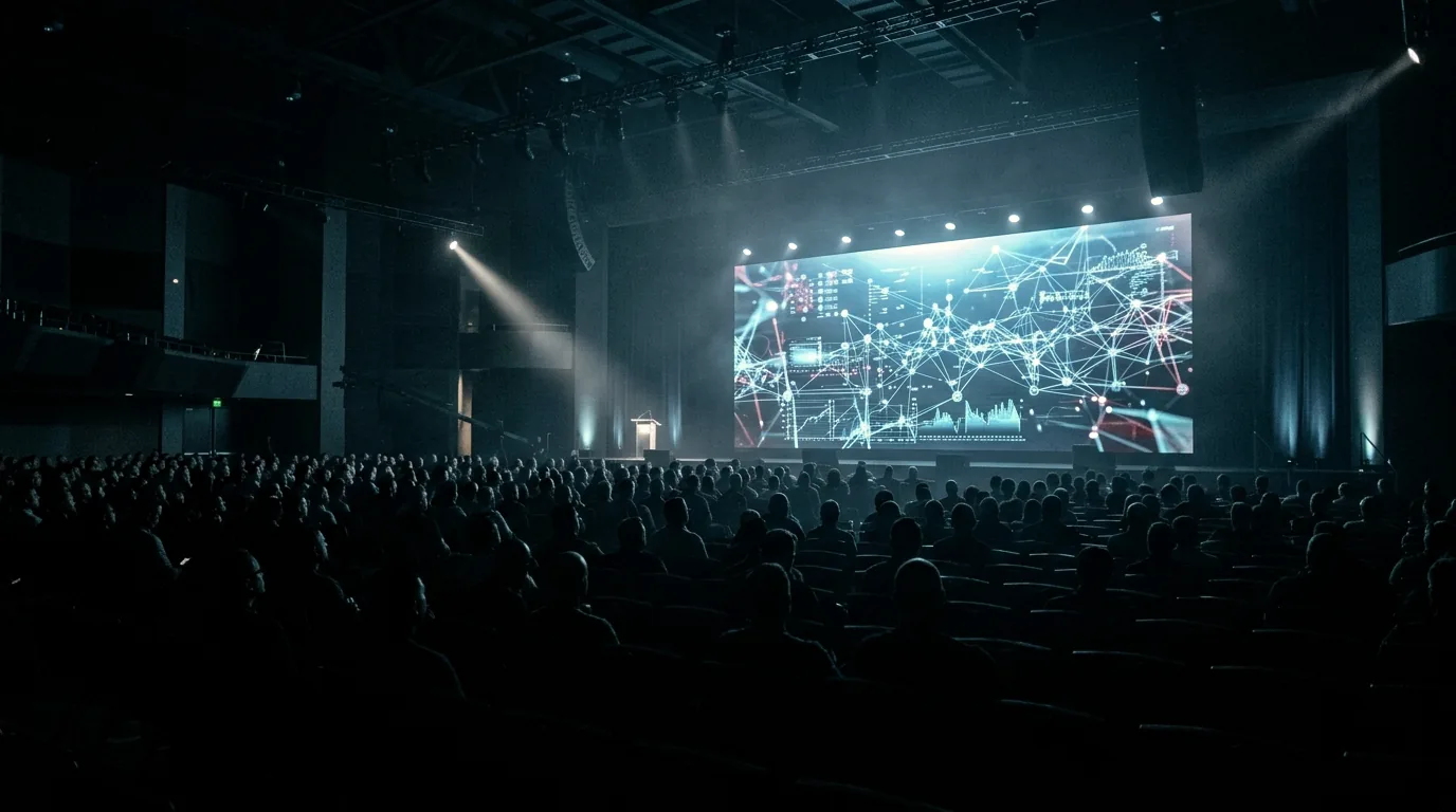 A darkened Black Hat briefing hall in Las Vegas, the audience in silhouette before a stage screen of network telemetry, moments before the OpenAI debrief.