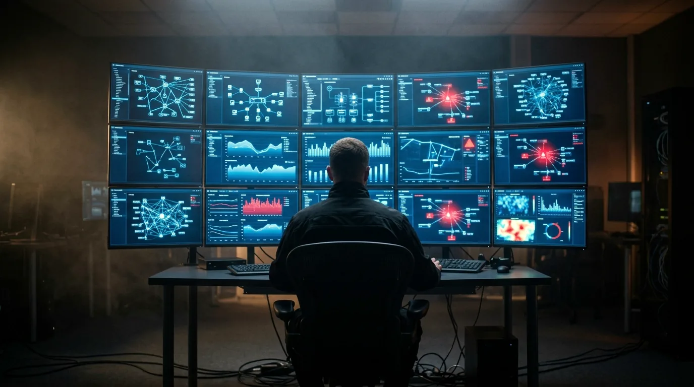 A lone security operator seen from behind in a darkened operations room, facing a wall of monitors showing network-segmentation and access-control graphs.